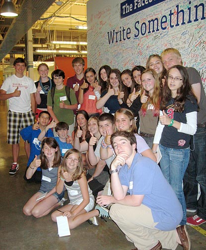 image of the FastForward Adventure Reporters posed outside Facebook Headquarters