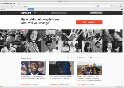 Image of the Change.org website Home page
