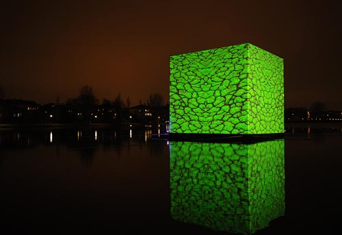 Image of a digital cube from one of Obscura Digital's installations