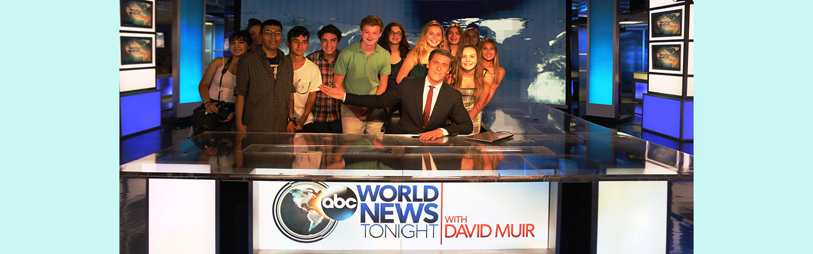 Image of FastForward reporters on the World News desk at ABC with David Muir